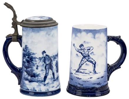 Lot of (2) Circa 1880-1890s Delft Porcelain Baseball Decorated Beer Stein & Mug